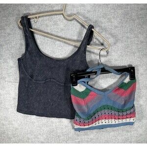 Lot of 2 Medium Crop Top Spring Break  1 Crochet Cotton Halter 1 Blue Gray Tank